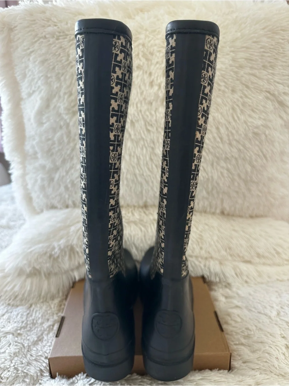 Tory Burch T Monogram Hurricane Tall Rain Boots Waterproof Black Cream Size 9